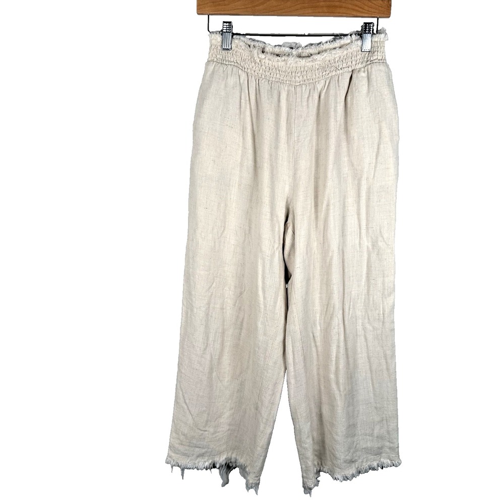Solai Ivory Wide Leg Cropped Lounge Relax‎ Fit Pants Frayed Linen Blend Size M
